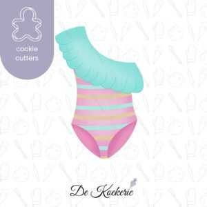 Productafbeelding van een koekuitsteker in de vorm van een badpak met een rand van ruffles over één schouder. Dit koekvormpje maakt deel van de zomercollectie van De Koekerie.