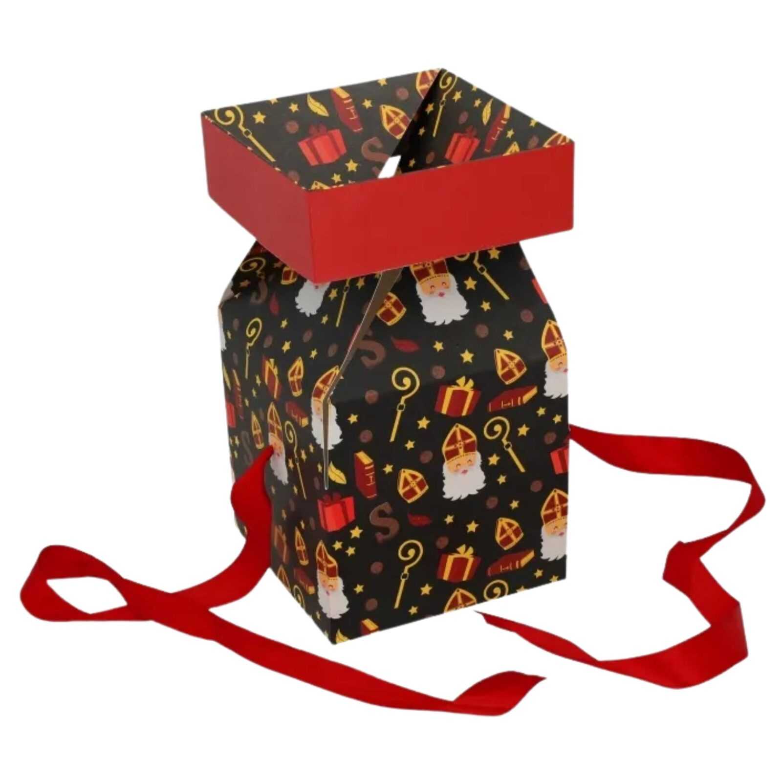 Sinterklaas geschenkdoos van 15x15x15 cm. De doos is zwart met allerlei leuke sinterklaasmotieven erop gedrukt en heeft een rood lint. Het deksel en het lint zijn aan de doos bevestigd.